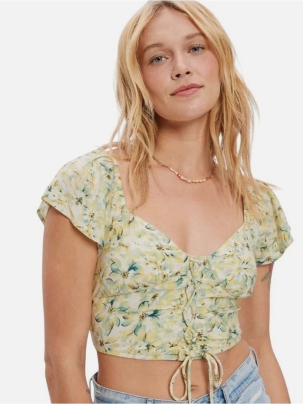 American Eagle Outfitters Yellow Floral Flutter Sleeve Corset Crop Top Sz XL